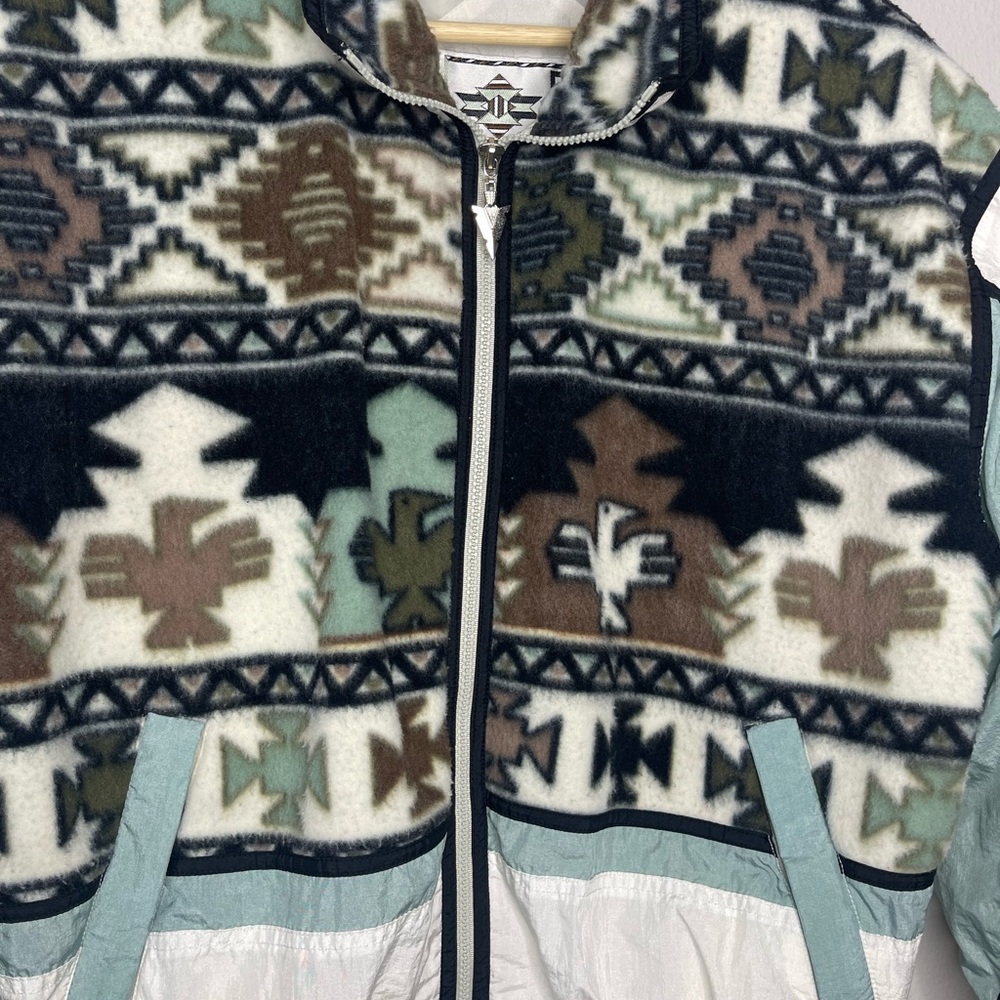Vintage East West Aztec Teal Brown White Fleece Nylon Windbreaker Size Medium - Picture 3 of 8